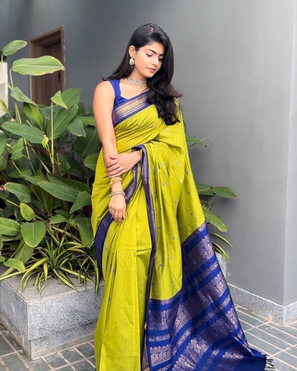 Vibrant Lime Green Silk Saree with Royal Blue Zari Border | Premium Traditional & Festive Wear