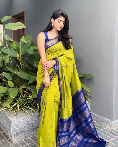 Vibrant Lime Green Silk Saree with Royal Blue Zari Border | Premium Traditional & Festive Wear
