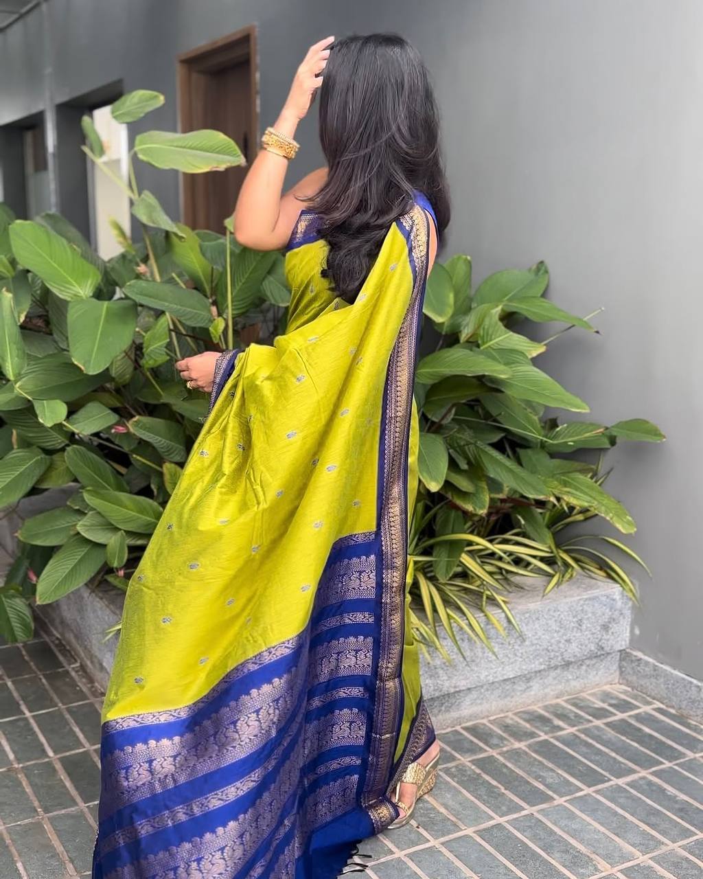 Vibrant Lime Green Silk Saree with Royal Blue Zari Border | Premium Traditional & Festive Wear