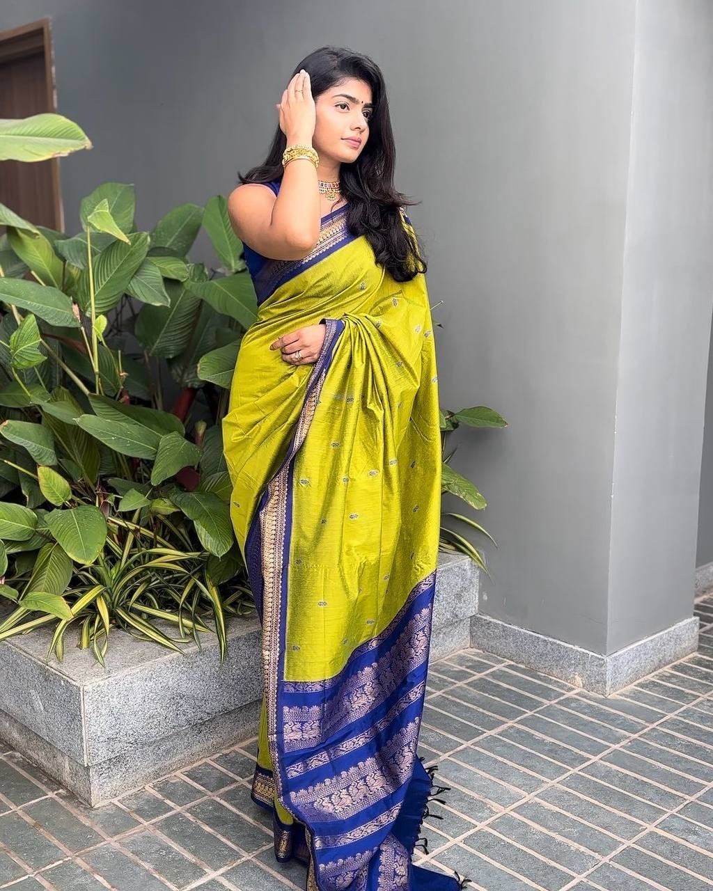 Vibrant Lime Green Silk Saree with Royal Blue Zari Border | Premium Traditional & Festive Wear