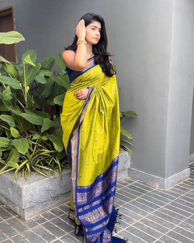 Vibrant Lime Green Silk Saree with Royal Blue Zari Border | Premium Traditional & Festive Wear