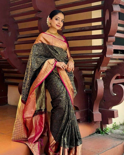 Royal Black Silk Saree with Antique Gold Zari Weaving & Contrast Pink Border | Premium Wedding & Festive Wear