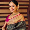 Royal Black Silk Saree with Antique Gold Zari Weaving & Contrast Pink Border | Premium Wedding & Festive Wear