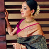 Royal Black Silk Saree with Antique Gold Zari Weaving & Contrast Pink Border | Premium Wedding & Festive Wear