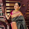 Royal Black Silk Saree with Antique Gold Zari Weaving & Contrast Pink Border | Premium Wedding & Festive Wear