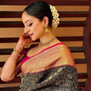 Royal Black Silk Saree with Antique Gold Zari Weaving & Contrast Pink Border | Premium Wedding & Festive Wear
