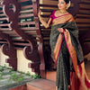 Royal Black Silk Saree with Antique Gold Zari Weaving & Contrast Pink Border | Premium Wedding & Festive Wear