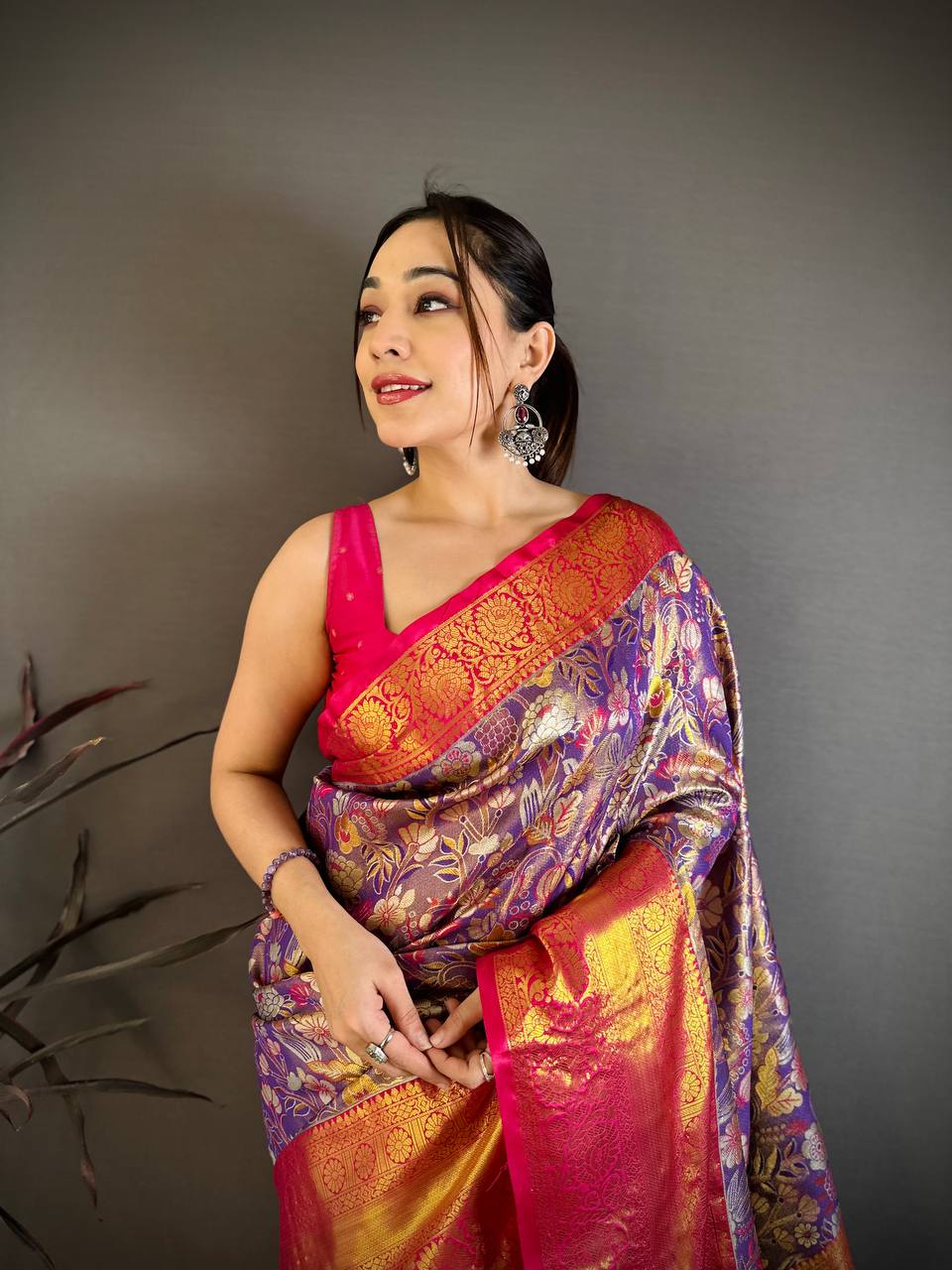 Royal Purple & Pink Banarasi Style Silk Saree with Rich Golden Zari Floral Weaving | Premium Wedding & Festive Wear