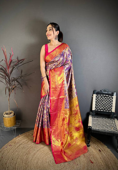 Royal Purple & Pink Banarasi Style Silk Saree with Rich Golden Zari Floral Weaving | Premium Wedding & Festive Wear