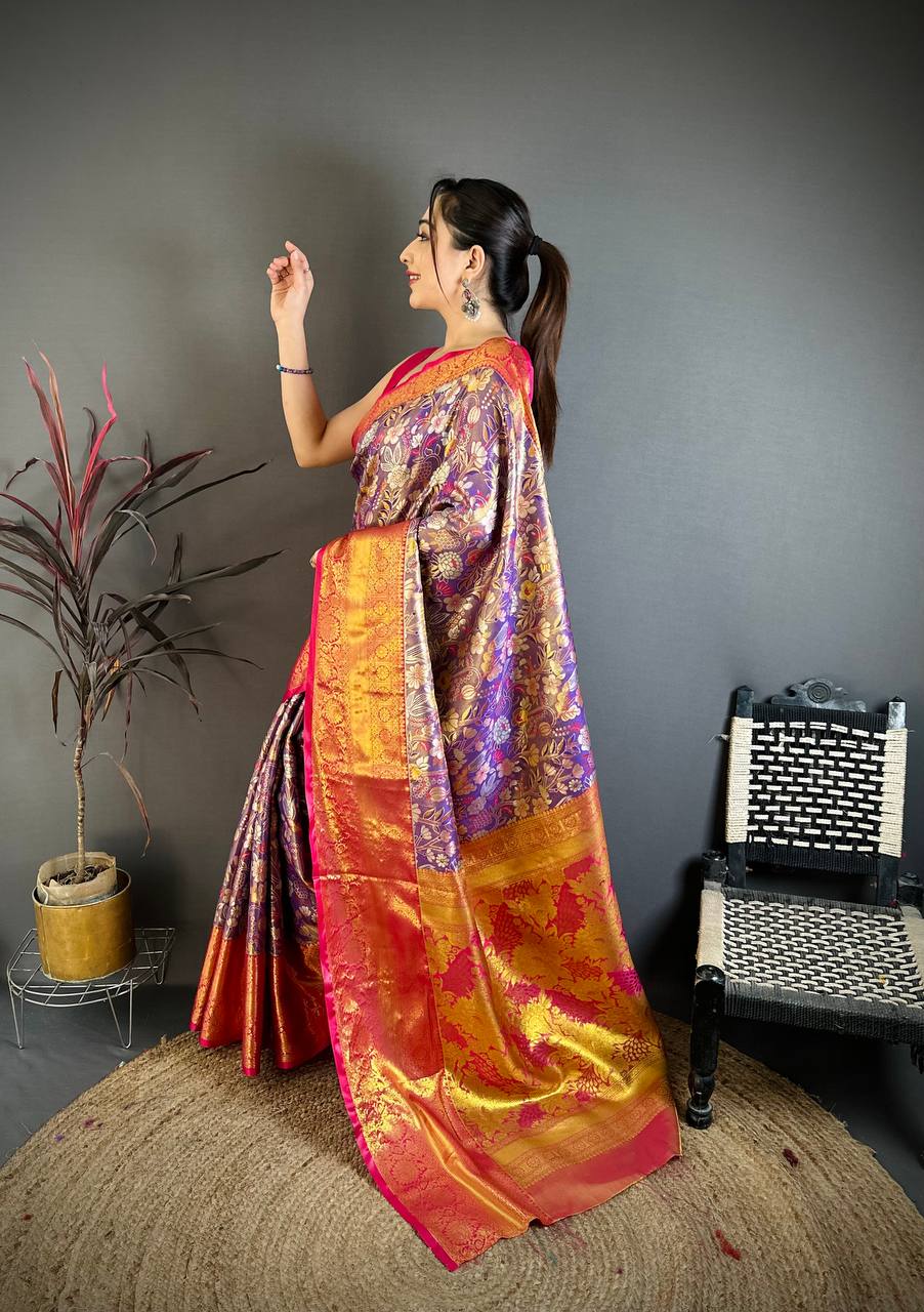 Royal Purple & Pink Banarasi Style Silk Saree with Rich Golden Zari Floral Weaving | Premium Wedding & Festive Wear
