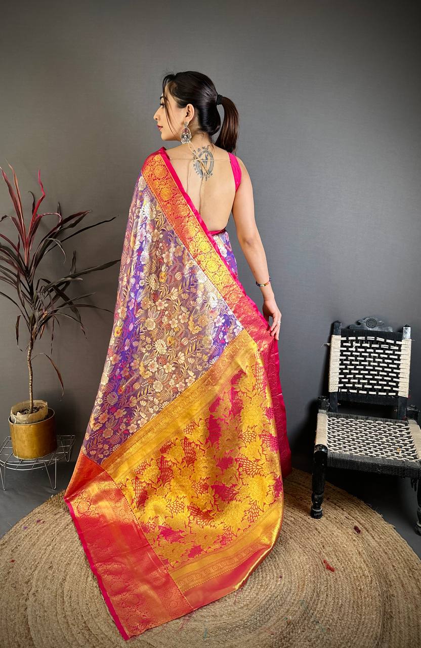 Royal Purple & Pink Banarasi Style Silk Saree with Rich Golden Zari Floral Weaving | Premium Wedding & Festive Wear