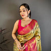 Royal Olive Green Banarasi Style Silk Saree with Pink Border & Rich Golden Zari Weaving | Premium Wedding Wear