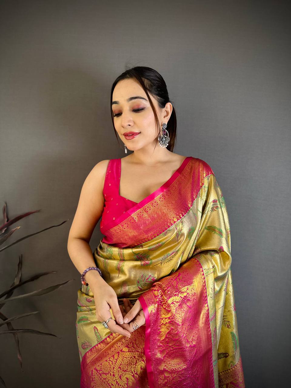 Royal Olive Green Banarasi Style Silk Saree with Pink Border & Rich Golden Zari Weaving | Premium Wedding Wear