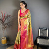 Royal Olive Green Banarasi Style Silk Saree with Pink Border & Rich Golden Zari Weaving | Premium Wedding Wear
