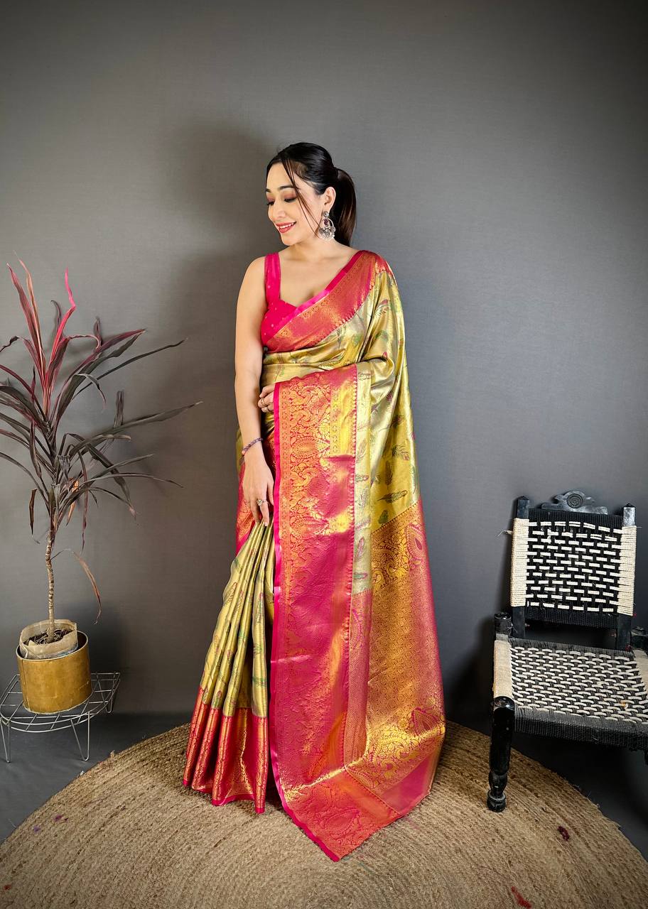 Royal Olive Green Banarasi Style Silk Saree with Pink Border & Rich Golden Zari Weaving | Premium Wedding Wear