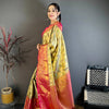 Royal Olive Green Banarasi Style Silk Saree with Pink Border & Rich Golden Zari Weaving | Premium Wedding Wear