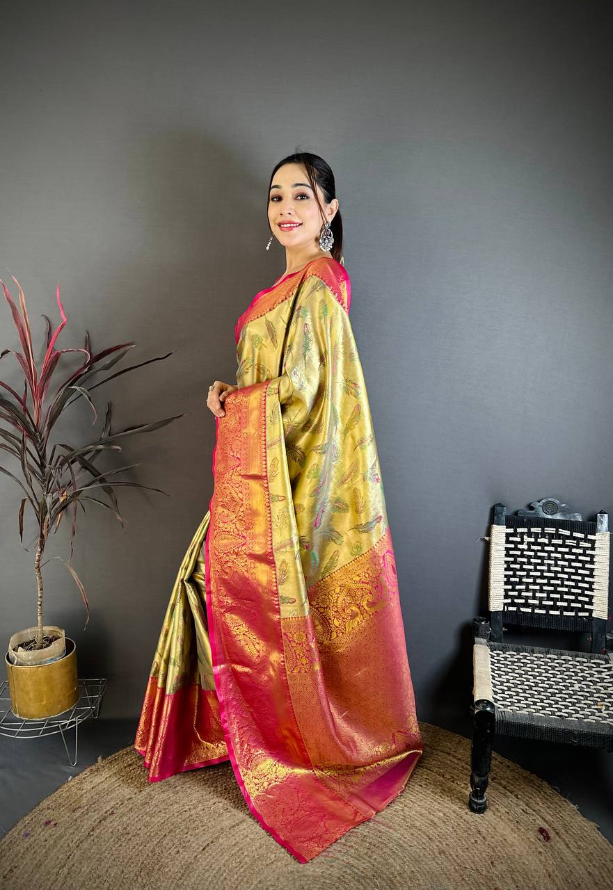 Royal Olive Green Banarasi Style Silk Saree with Pink Border & Rich Golden Zari Weaving | Premium Wedding Wear