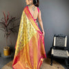 Royal Olive Green Banarasi Style Silk Saree with Pink Border & Rich Golden Zari Weaving | Premium Wedding Wear