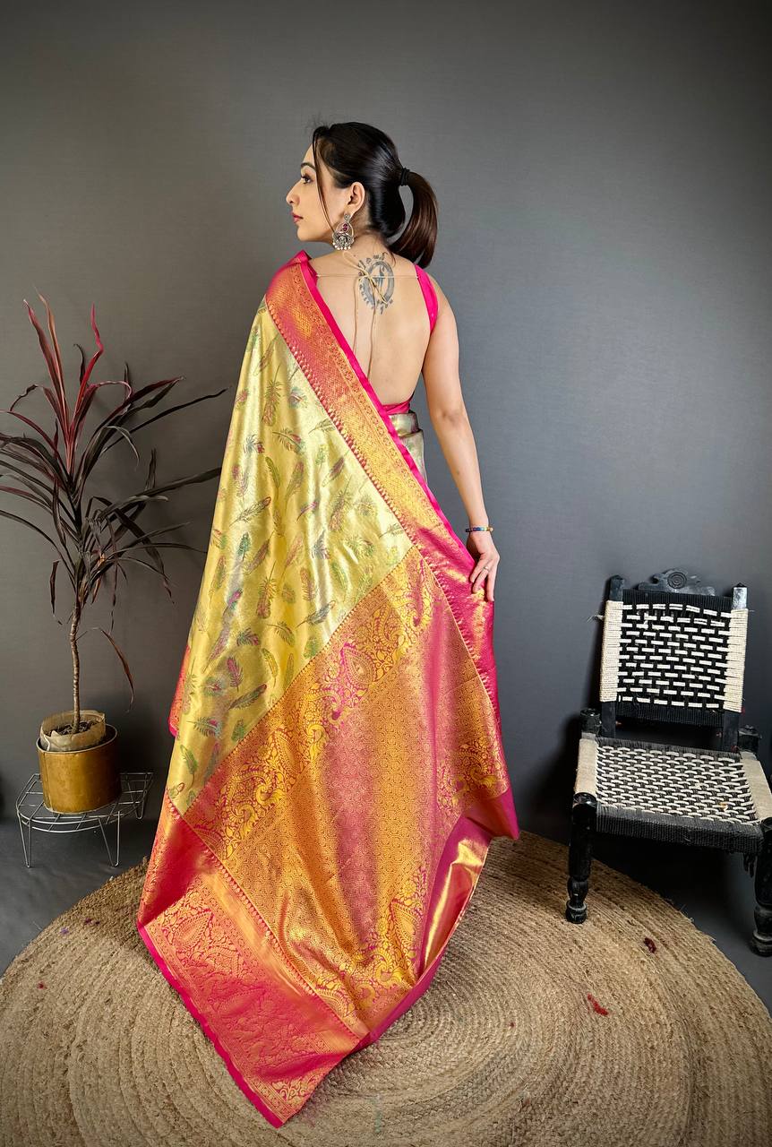 Royal Olive Green Banarasi Style Silk Saree with Pink Border & Rich Golden Zari Weaving | Premium Wedding Wear
