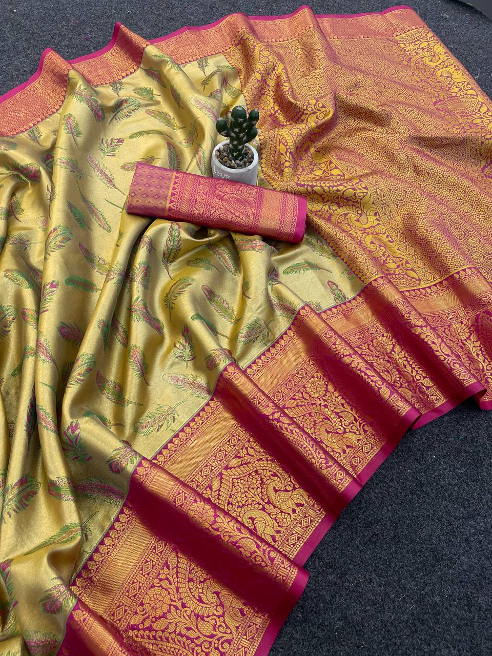Royal Olive Green Banarasi Style Silk Saree with Pink Border & Rich Golden Zari Weaving | Premium Wedding Wear