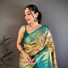Royal Mustard Gold Banarasi Style Silk Saree with Teal Border & Rich Golden Zari Pallu | Premium Wedding Wear
