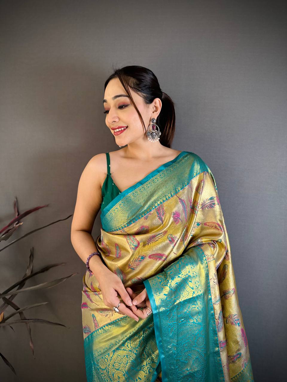 Royal Mustard Gold Banarasi Style Silk Saree with Teal Border & Rich Golden Zari Pallu | Premium Wedding Wear