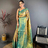 Royal Mustard Gold Banarasi Style Silk Saree with Teal Border & Rich Golden Zari Pallu | Premium Wedding Wear