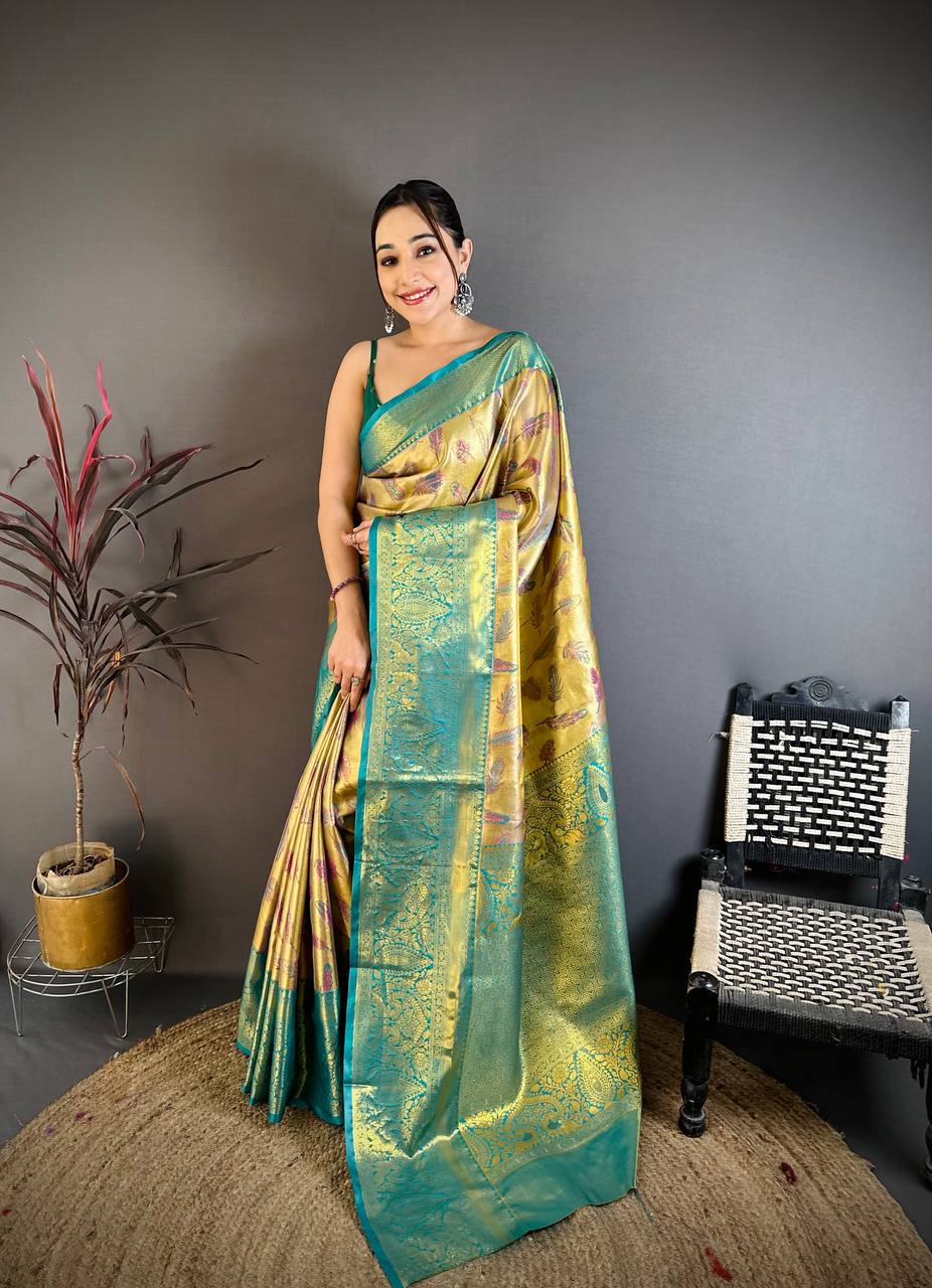 Royal Mustard Gold Banarasi Style Silk Saree with Teal Border & Rich Golden Zari Pallu | Premium Wedding Wear