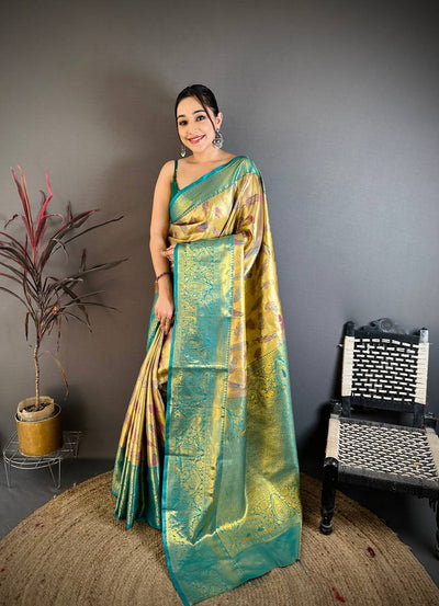 Royal Mustard Gold Banarasi Style Silk Saree with Teal Border & Rich Golden Zari Pallu | Premium Wedding Wear