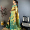 Royal Mustard Gold Banarasi Style Silk Saree with Teal Border & Rich Golden Zari Pallu | Premium Wedding Wear