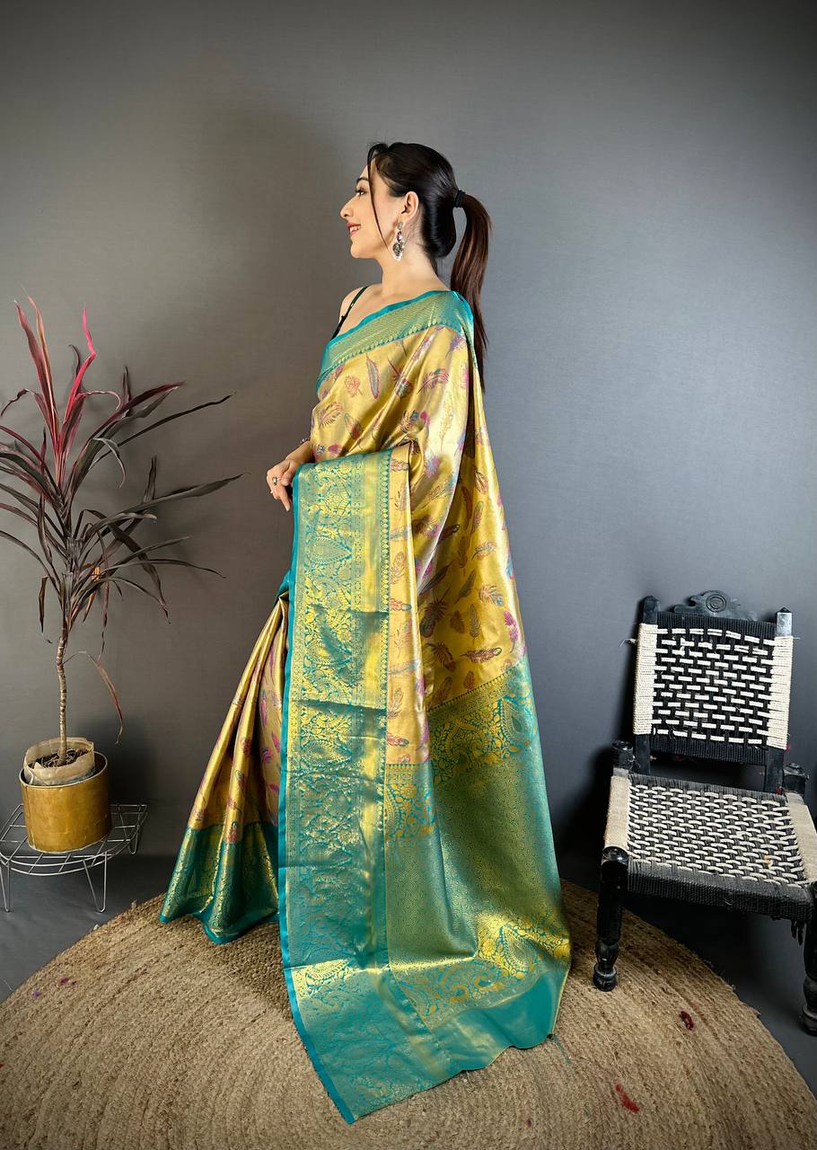 Royal Mustard Gold Banarasi Style Silk Saree with Teal Border & Rich Golden Zari Pallu | Premium Wedding Wear