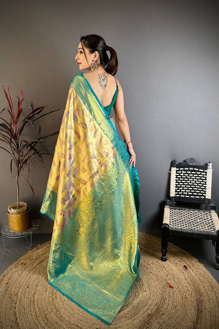 Royal Mustard Gold Banarasi Style Silk Saree with Teal Border & Rich Golden Zari Pallu | Premium Wedding Wear