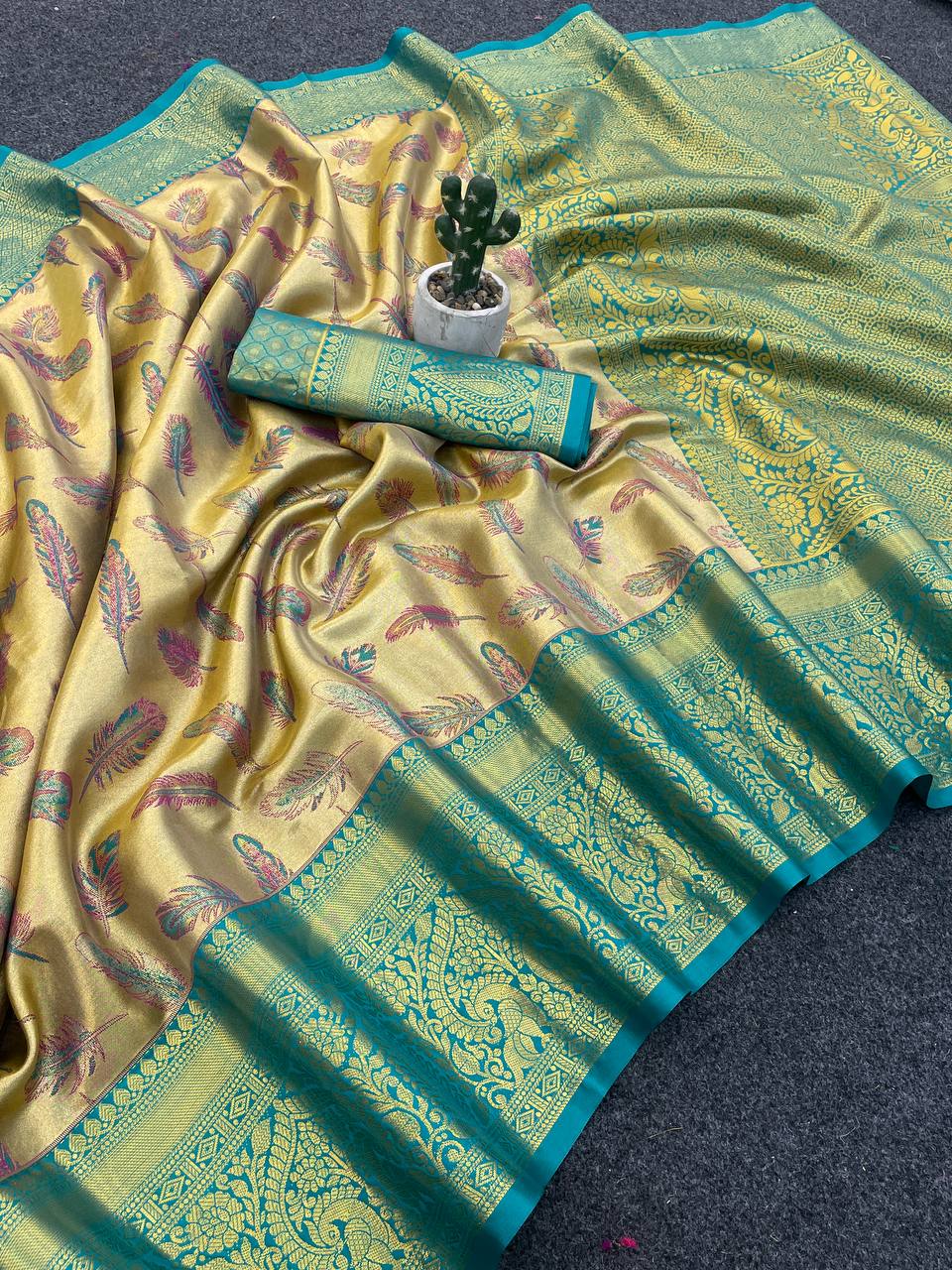 Royal Mustard Gold Banarasi Style Silk Saree with Teal Border & Rich Golden Zari Pallu | Premium Wedding Wear