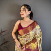 Elegant Cream Gold Banarasi Style Silk Saree with Wine Border & Rich Golden Zari Pallu | Premium Wedding Wear