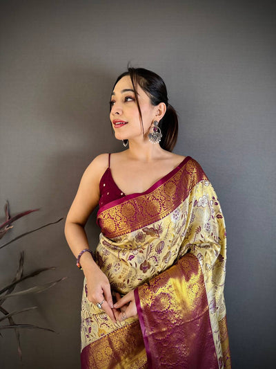 Elegant Cream Gold Banarasi Style Silk Saree with Wine Border & Rich Golden Zari Pallu | Premium Wedding Wear
