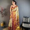 Elegant Cream Gold Banarasi Style Silk Saree with Wine Border & Rich Golden Zari Pallu | Premium Wedding Wear