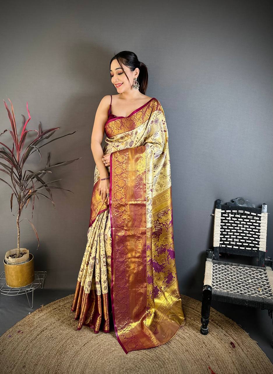 Elegant Cream Gold Banarasi Style Silk Saree with Wine Border & Rich Golden Zari Pallu | Premium Wedding Wear