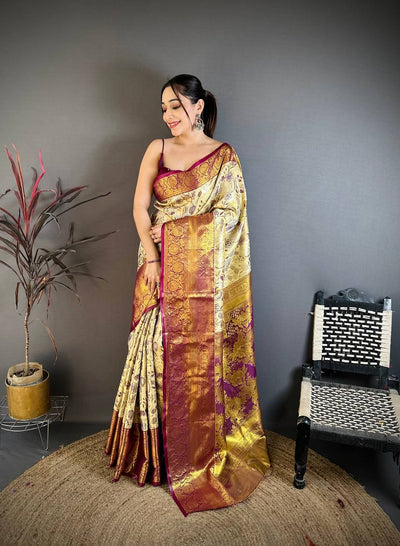 Elegant Cream Gold Banarasi Style Silk Saree with Wine Border & Rich Golden Zari Pallu | Premium Wedding Wear