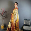 Elegant Cream Gold Banarasi Style Silk Saree with Wine Border & Rich Golden Zari Pallu | Premium Wedding Wear