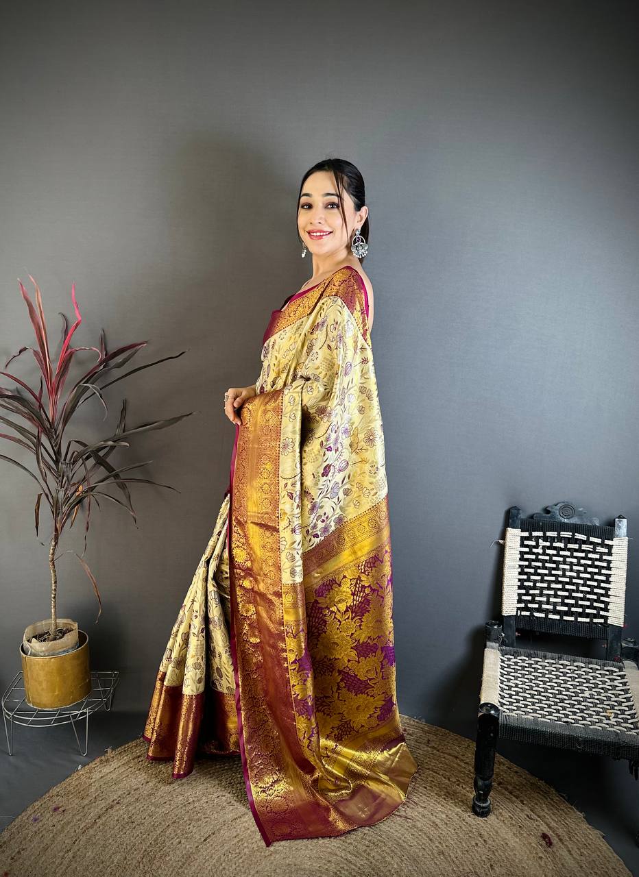 Elegant Cream Gold Banarasi Style Silk Saree with Wine Border & Rich Golden Zari Pallu | Premium Wedding Wear