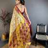 Elegant Cream Gold Banarasi Style Silk Saree with Wine Border & Rich Golden Zari Pallu | Premium Wedding Wear