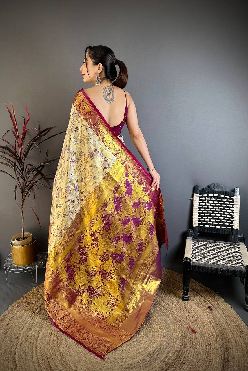 Elegant Cream Gold Banarasi Style Silk Saree with Wine Border & Rich Golden Zari Pallu | Premium Wedding Wear