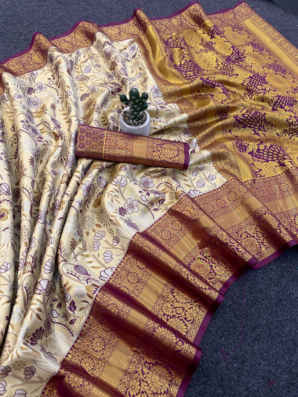 Elegant Cream Gold Banarasi Style Silk Saree with Wine Border & Rich Golden Zari Pallu | Premium Wedding Wear