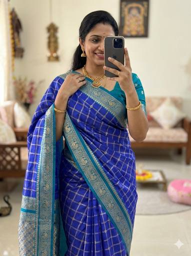 Royal Blue Checked Banarasi Style Silk Saree with Teal Border & Rich Golden Zari Pallu | Premium Festive Wear