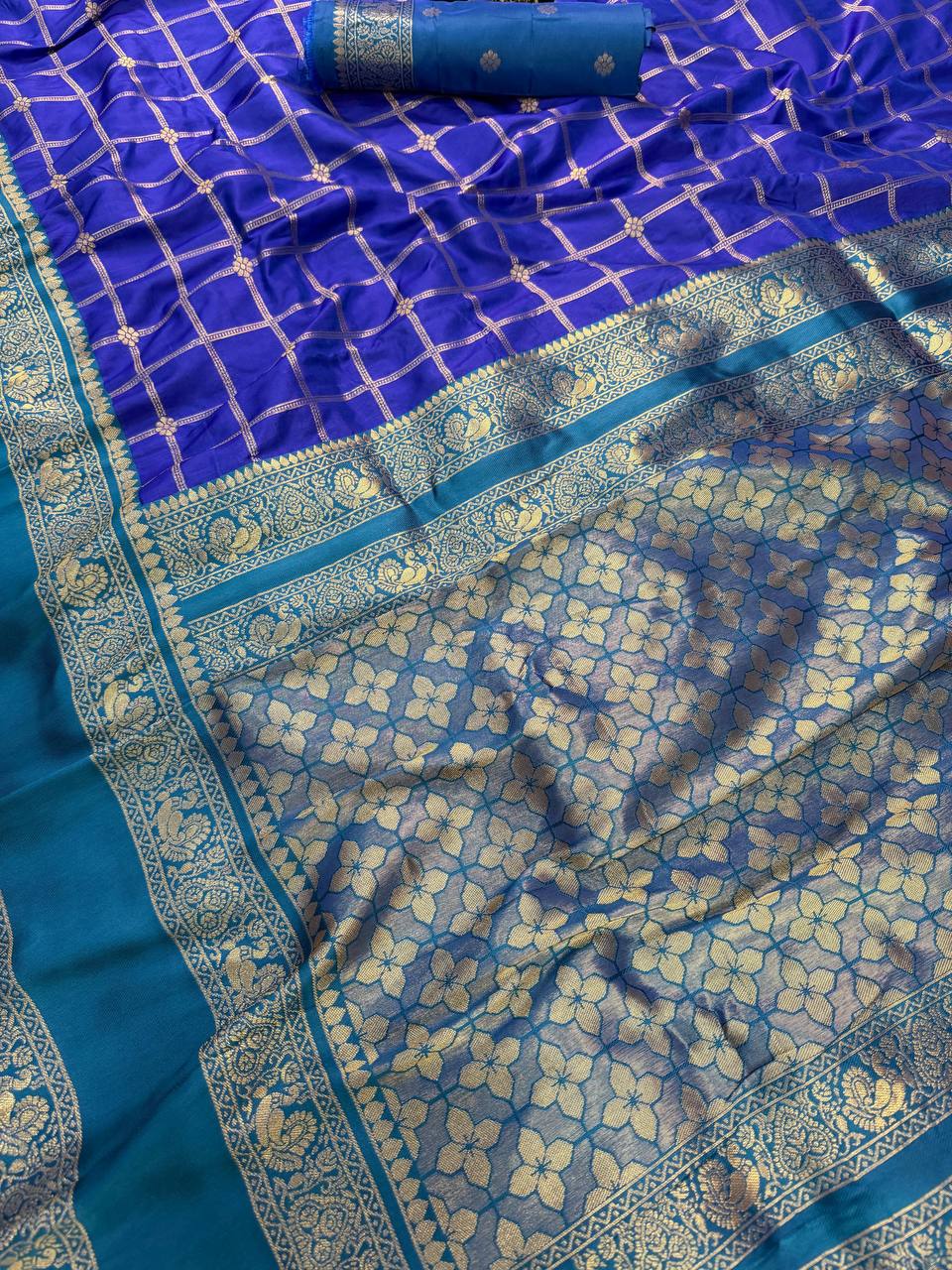 Royal Blue Checked Banarasi Style Silk Saree with Teal Border & Rich Golden Zari Pallu | Premium Festive Wear