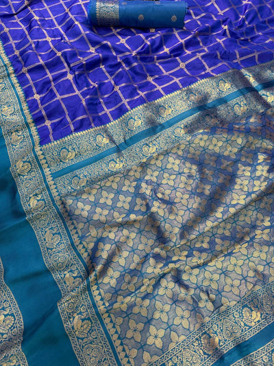 Royal Blue Checked Banarasi Style Silk Saree with Teal Border & Rich Golden Zari Pallu | Premium Festive Wear