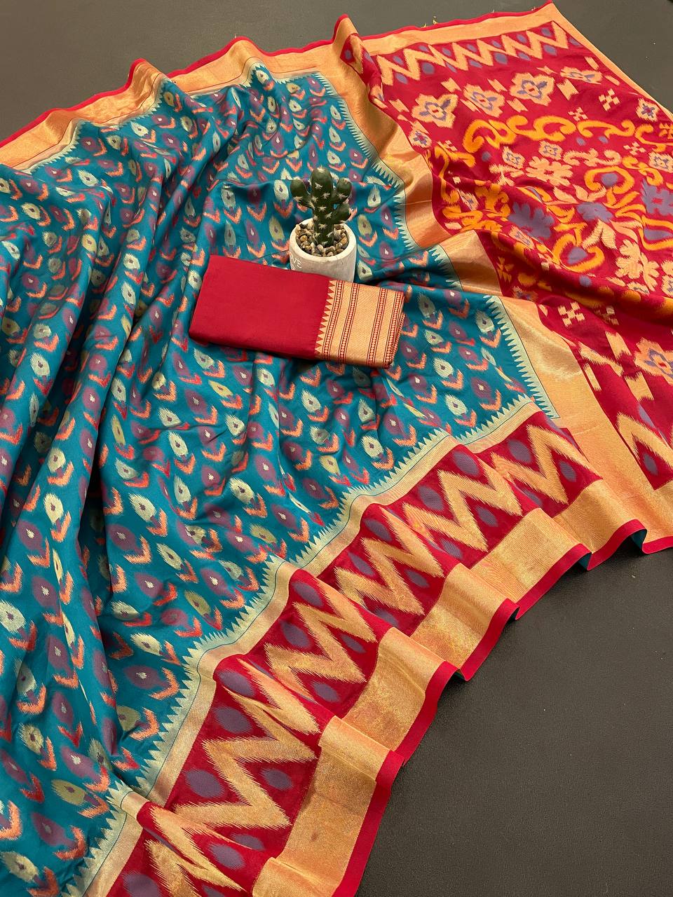 Elegant Teal Blue Ikkat Style Silk Saree with Red Contrast Border & Traditional Designer Pallu | Premium Festive Wear