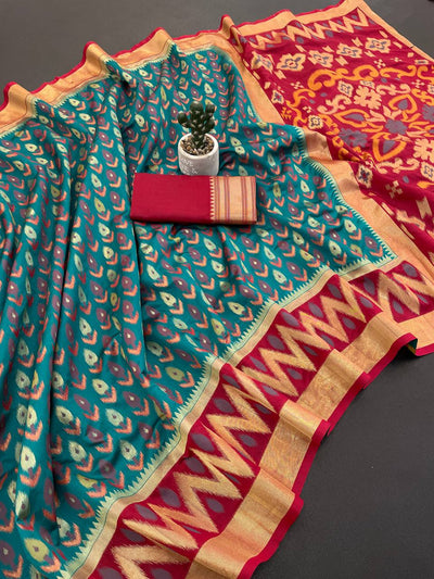 Premium Peacock Green Ikkat Style Silk Saree with Red Contrast Border & Traditional Designer Pallu | Luxury Festive Wear