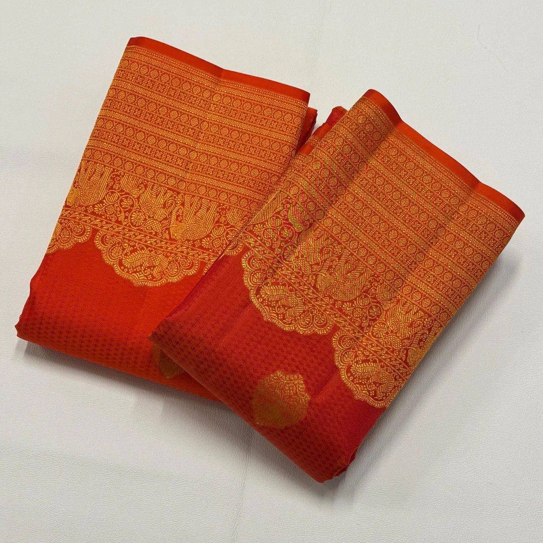 Royal Orange Banarasi Silk Saree with Rich Golden Zari Border & Traditional Designer Pallu | Premium Wedding Wear