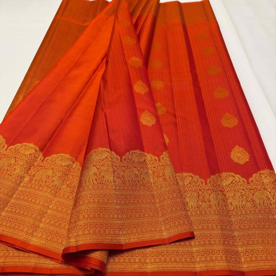 Royal Orange Banarasi Silk Saree with Rich Golden Zari Border & Traditional Designer Pallu | Premium Wedding Wear